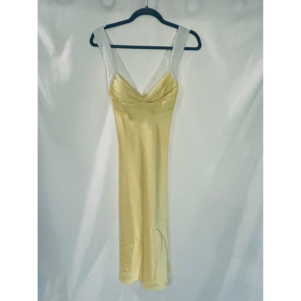 Calvin Klein Yellow Satin Sequin Crisscross Back Evening Gown Dress 4